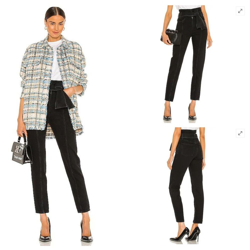 IRO Ouzilly Paperbag Belted Faded Black High Rise Tapered Jeans Size FR 38 US 6